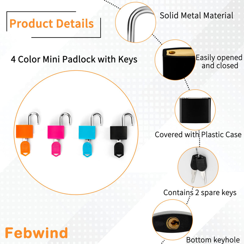 [Australia - AusPower] - 4 Pcs Suitcase Locks with Keys Multicolor Mini Keyed Padlock Febwind Metal Padlock Luggage Padlocks Plastic-Covered Copper Keyed Padlock for Suitcase, Backpack, Boxes, Laptop Bag 4 Colors A 
