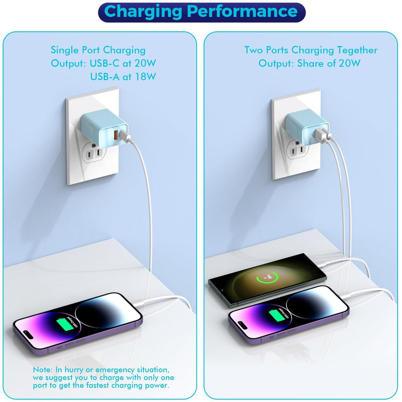 10 Foot Fast iPhone Charging Cable,2Pack 20W Dual Port USB C+A Wall Charger Block with 10FT Type C-C Charging Cable Apple Adapter for iPhone 17/17 Air/17 Pro/16/16e/16 Pro Max/15 Pro/iPad(Purple/Blue) 10FT C-C Purple/Blue 2