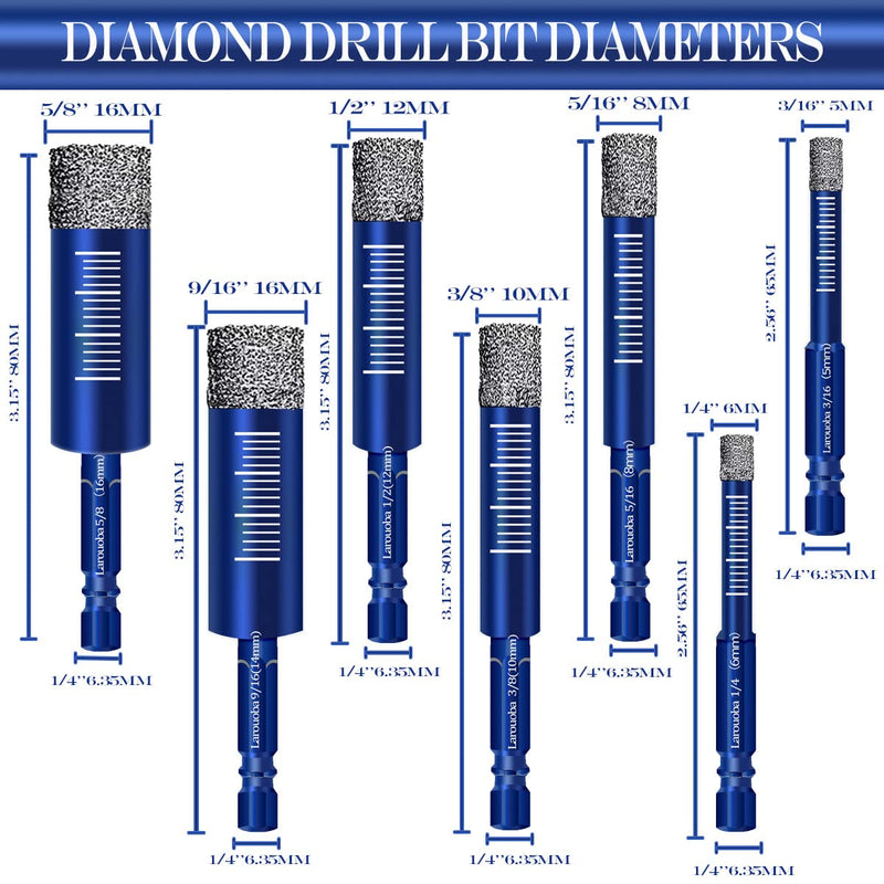 10Pcs 1/4" Dry Diamond Drill Bits Set, 6mm Diamond Drill Bits for Tile Ceramic Marble Porcelain Stone Glass(not for Wood)(Blue) 1/4 in Blue