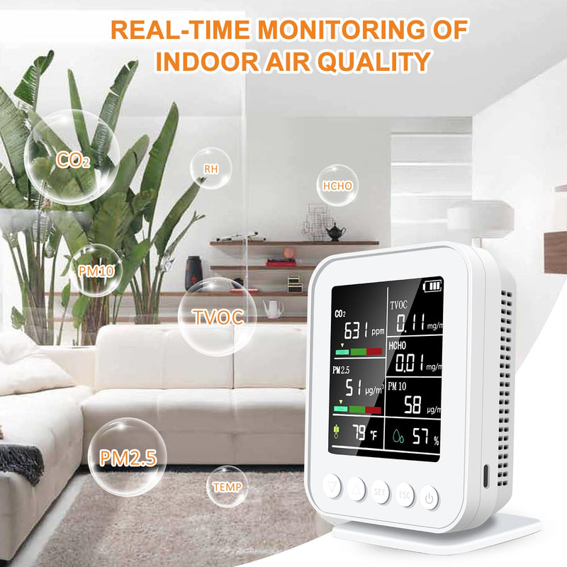 Air Quality Monitor Indoor,7-in-1 Air Quality Tester Kit, Portable Indoor Air Quality Meters for CO2,TVOC,HCHO,PM2.5,PM10 with LCD Digital Display,Battery Powered