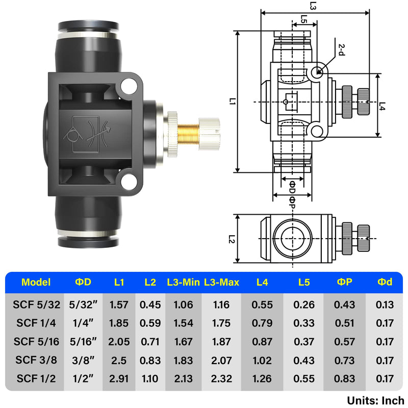 [Australia - AusPower] - TAILONZ PNEUMATIC SCF-1/4 Air Flow Control Valve with Push-to-Connect Fitting, in-Line Speed Controller Union Straight - 1/4 Inch Tube OD x 1/4 Inch Tube OD?Pack of 1? 1/4” OD Black 