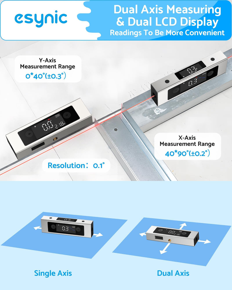 [Australia - AusPower] - eSynic Digitaler Neigungswinkelmesser mit Dual-Achsen, Präzisions-Inklinometer, Doppel-LCD-Display, Laser-Level, 4 * 90° Messbereich, Wiederaufladbar mit USB-C Silver 