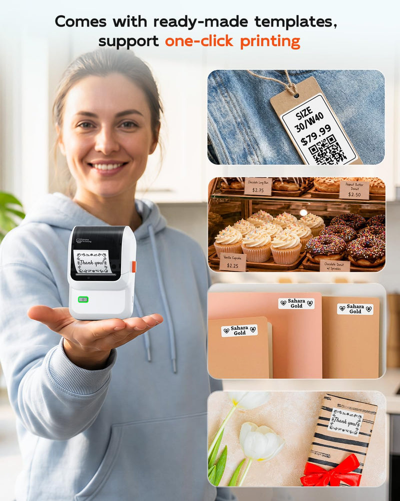 Ponek Label Maker, M100 Address Label Printer, Versatile App with 4000 Icons and 300 Templates, Barcode Bluetooth Label Printer for Small Business, Home, Office, School Organization, White 1 Printer+1 Roll Labels