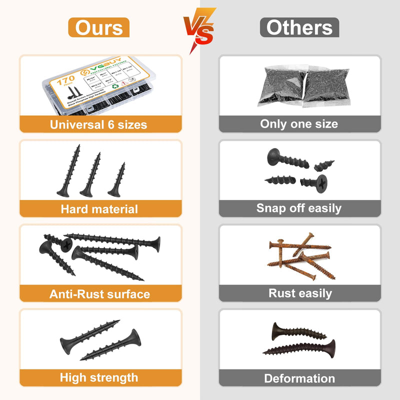 [Australia - AusPower] - 170pcs Drywall Screws Assortment Kit, Black Wood Screws, Sheetrock Screws Set, Coarse Thread, Phillips Head Drive, 6 Sizes Wood Screws Assortment Kit (2-1/2",2",1-1/2",1-1/4",1",3/4") Assortment Kit(170pcs) 