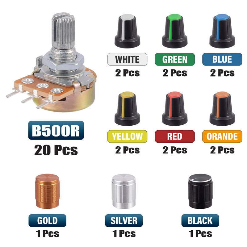 [Australia - AusPower] - ALLECIN 20 Pieces 500 Ohm B500R Potentiometer Mono Linear WH148 Rotary Potentiometer 3 Terminals B Type Linear Taper Single Potentiometer Variable Resistors with Nuts and Washer and Knob 500 ohms 