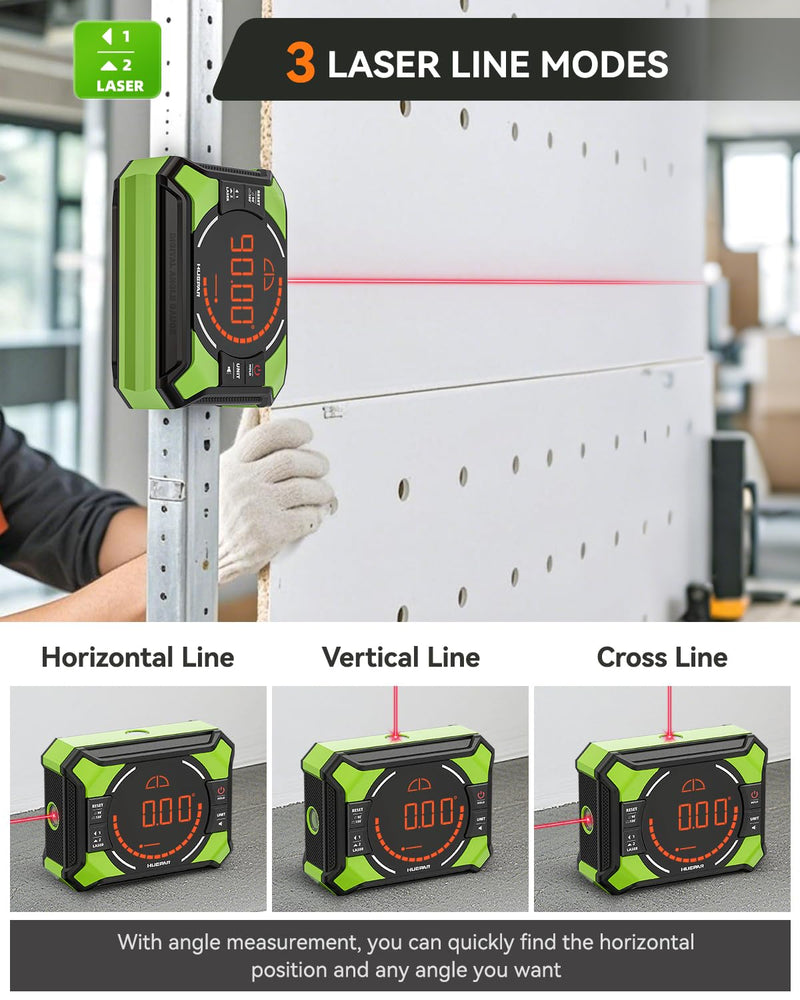 [Australia - AusPower] - Huepar Digital Angle Gauge with Laser Level, Rechargeable 3-in-1 Digital Angle Finder with Magnetic, Measures 0-90° & 0-180° Range, Digital Electronic Level Accessory for Woodworking Tools AG2L Digital Angle Gauge 
