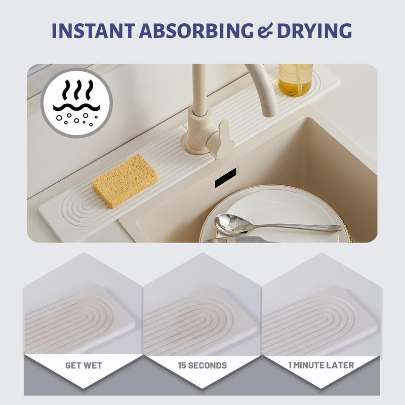 Stone Faucet Mat for Kitchen Sink, Faucet Mat Fast Drying Diatomite, Sink Splash Guard Water Absorbing Stone Tray for Sink, Counter Protector for Kitchen & Bathroom White.23.6" x 3.9"‎