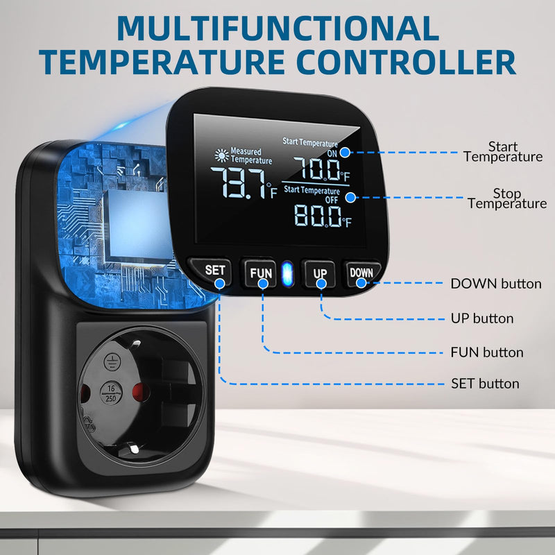 [Australia - AusPower] - Digital Temperature Controller Socket, 230 V Thermostat Socket with 2 m Sensor, Heating, Cooling Temperature Switch, Thermostat Socket, Temperature Switch for Greenhouse, Aquarium, Fridge Black 