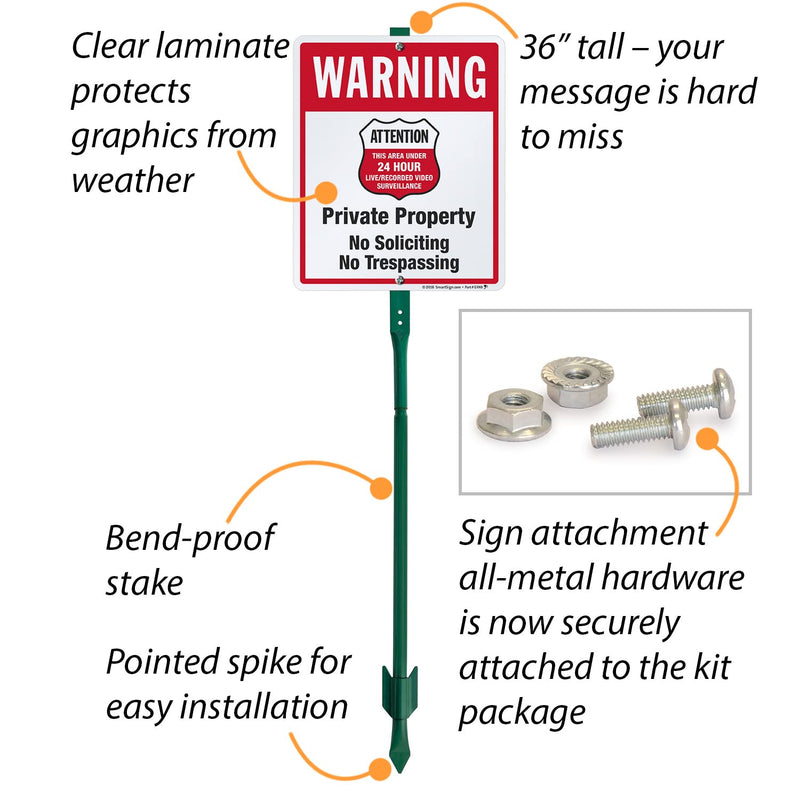 SmartSign 12" x 10" 'Warning - Private Property, No Soliciting/Trespassing, Area Under Surveillance' Yard Sign with 3 ft Stake, 40 mil Laminated Rustproof Aluminum, Red/Black/White