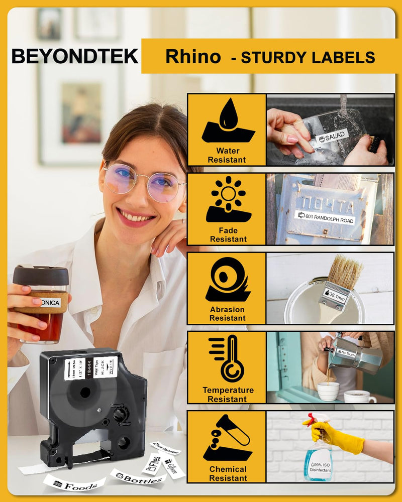 [Australia - AusPower] - 18444 Vinyl Label Tape Work with DYMO Rhino 4200 5200 Label Maker Replacement for Dymo 18444 Rhino Industrial Permanent Vinyl Industrial White 1/2" x18' Work with Rhino 5000 6000,5Packs Rhino Black on White 