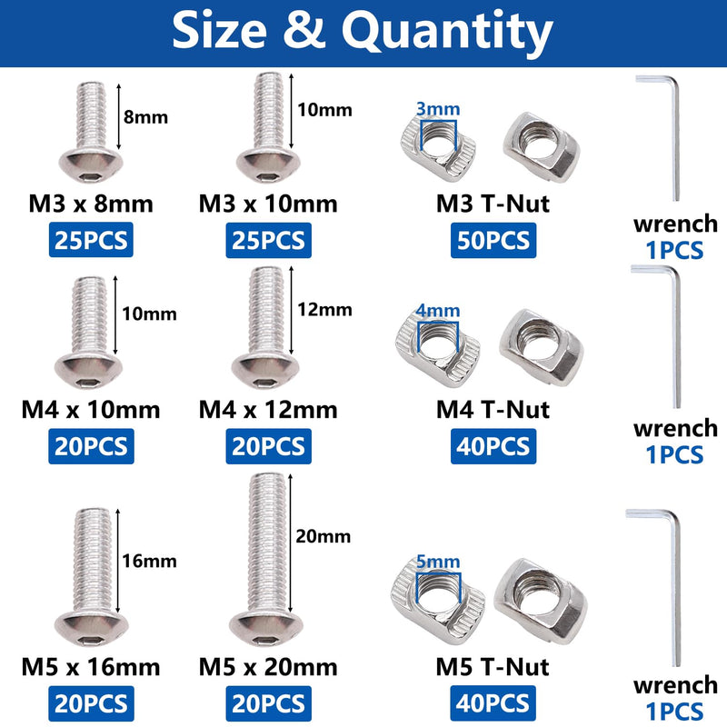 [Australia - AusPower] - 260PCS M3 M4 M5 T Nuts Screws Kit, T Slot Nuts Hammer Head Fastener with Nickel Plated Carbon Steel Button Head Screws for 2020 Series Aluminum Extrusion Profile 