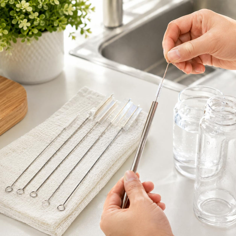 5-Piece Tube Brush Set with Wooden Handle - T-shaped Cleaning Brushes Diameter 8/12/15/20/25 mm - Stainless Steel Brushes for Drilling Holes, Pipes, Straws, Bottles, Kettles and Hard to Reach Place