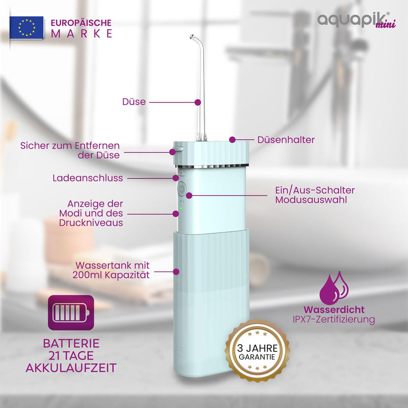 [Australia - AusPower] - Wireless Portable Oral Irrigator | Aquapik® Mini | Portable Water Flosser, IPX7 Waterproof, 1200 Pulses/min (40-140 PSI), 21 Days Battery (1100mAh), 4 Nozzles (Implants & Braces) (Blue) Blue tragbar 