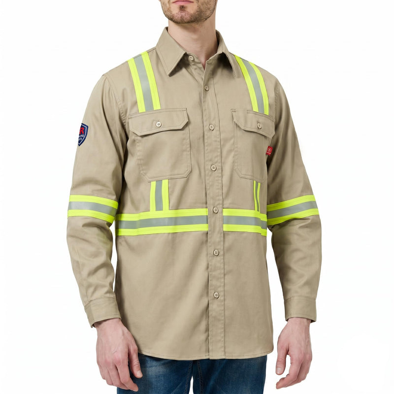 Hi Vis FR Shirt for Men 6.5oz Flame Resistant Class 3 Men's Reflective Safety Welding Shirts NFPA 2112/CAT2 Khaki X-Large