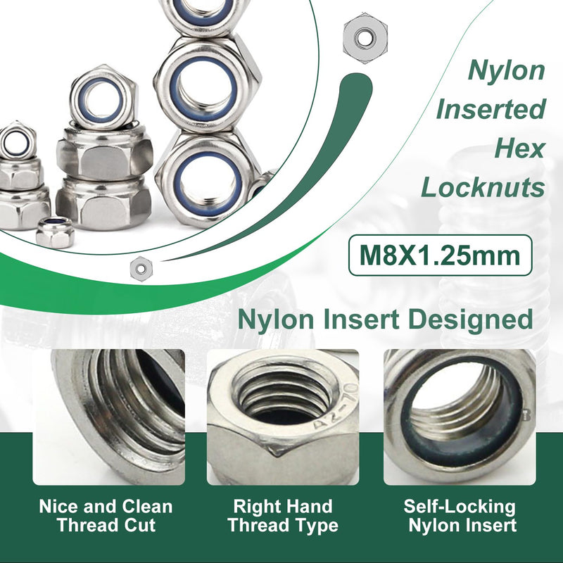 [Australia - AusPower] - M8 1.25 Locknuts Metric Nylon Inserted Hex Lock Nuts Self-Lock Nylon Insert M8x1.25mm 304 Stainless Steel Self Locking 13mm Hex Nut Driver Nut Right Hand M8-1.25 20 Pcs M8-Stainless Steel 