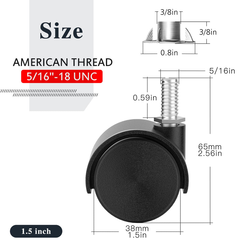 [Australia - AusPower] - 1.5 Inch Furniture Stem Casters Set of 4, Threaded Stem Diameter 5/16" Plastic Caster Wheels, Black Swivel Small Castors with T-Nuts, for Table, Cabinet, Storage Rack 1.5 inch 