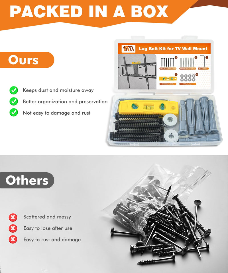 [Australia - AusPower] - Lag Bolt Kit for TV Mounting Hardware - M8x70mm Lag Bolt and Washer for Wood Stud, Anchors for Concrete/Brick Wall, Includes Allen Key and Bubble Level for Easy Installation 