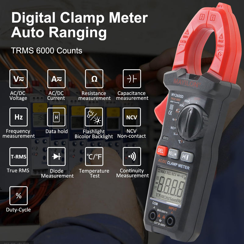 [Australia - AusPower] - Digital Clamp Meter Multimeter 6000 Counts Voltage Tester Auto-ranging Measures AC DC Current Voltage Temperature NCV Frequency Diode Resistance Capacitance Backlight Electrical Tester 
