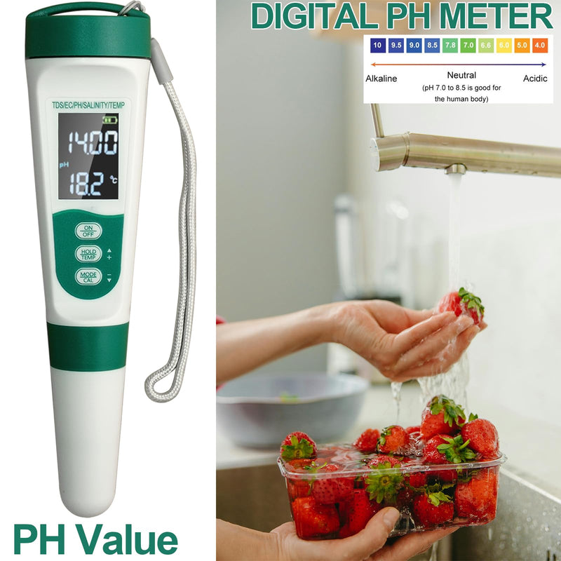 [Australia - AusPower] - Display PH Meter Watter Tester 5 in 1, Functions: PH,TDS,EC,Salt,Temp, IPX5 Waterproof, High Accuracy With 3 Calibration Powders, for Saltwater Pool, Hot Tubs, SPAs, Aquarium, Hydroponics System 