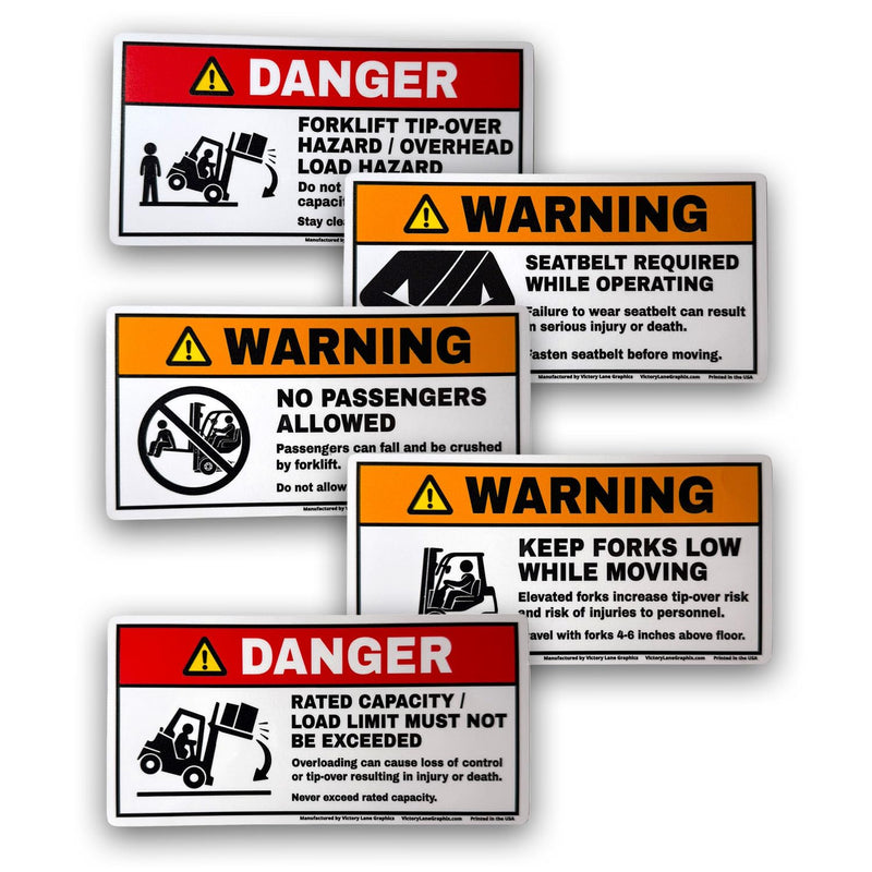 Forklift Safety Labels Kit – ANSI Z535 Style Warning Decals – Tip-Over, Seatbelt, No Riders, Capacity Limit & Fork Height – Industrial Vinyl – 3.5 x 7 Inch – 5 Pack