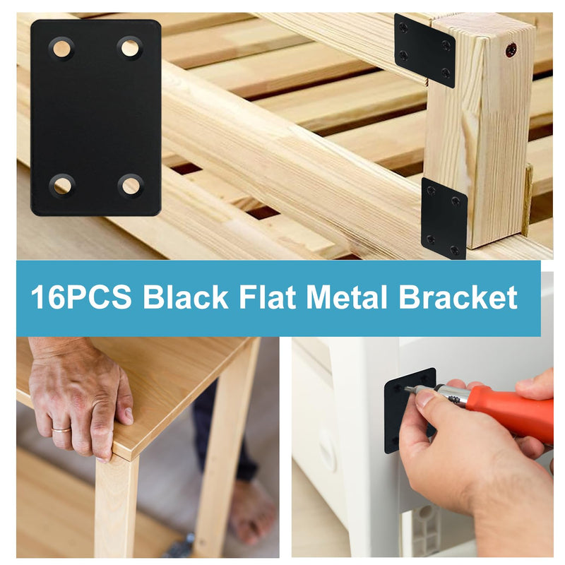 [Australia - AusPower] - QSJ 16 Pack Black Flat Mending Plate 2.36x1.49'', Stainless Steel Bracket, Straight Metal Brace Bracket, Fixing Joining Plate for Wood Furniture Fastening & Fixing Black, 2.36x1.49'' 