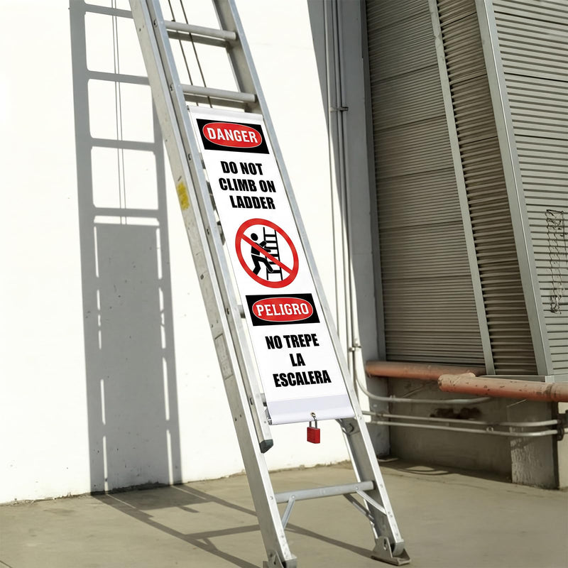Spanish Bilingual Danger Do Not Climb On Ladder Cover Wrap - 87" Length x 13" Width Vinyl Safety Shield with Lock for Industrial Warehouses, Construction Sites