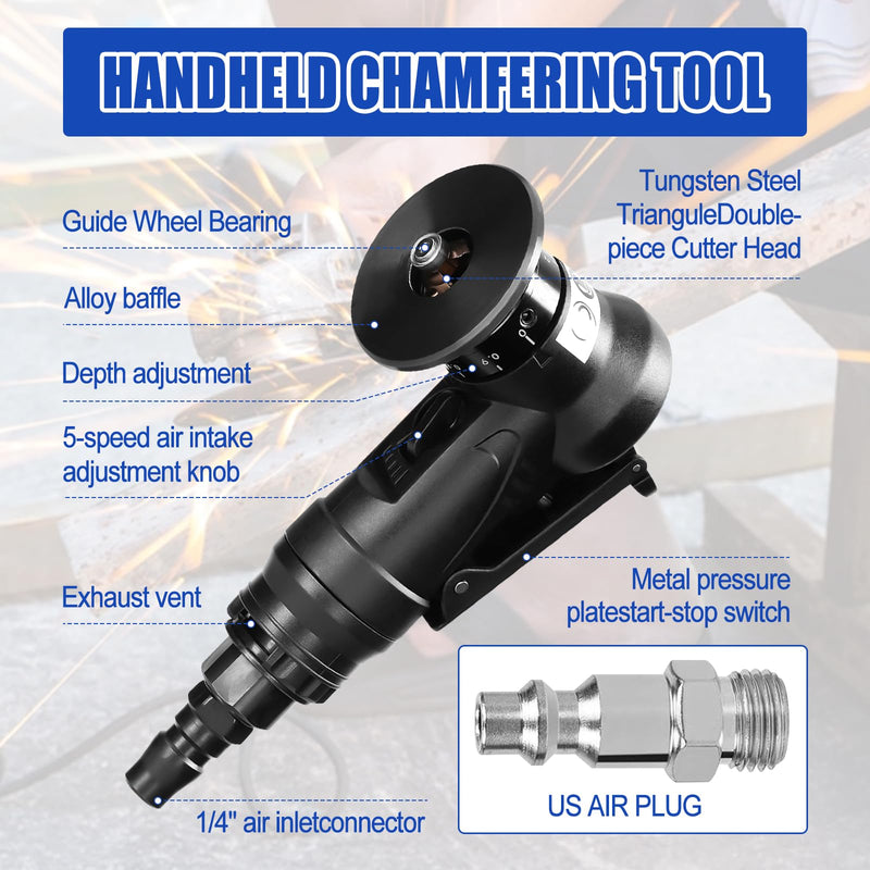 Pneumatic Chamfering Tool Handheld, Mini Air-Powered Chamfering Machine Trimming, 45° Arc Corner with 1/4 Inch Air Inlet for Metal Wood Beveling Deburring (C Angle Blades) C Angle Blades