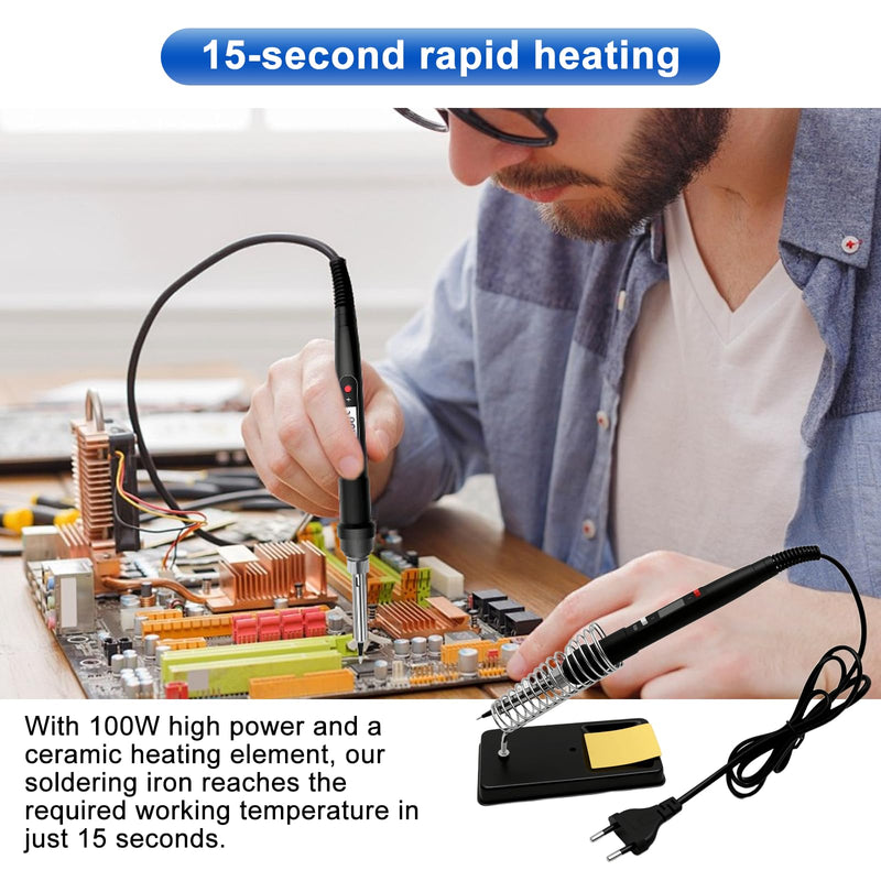 Soldering Kit 100W 16 in 1 Soldering Kit Contains 50g Solder Wire 5 Soldering Tips Desoldering Pump Soldering Stand Pliers Suitable for Electrical Installation and Repairs of Electronic Equipment