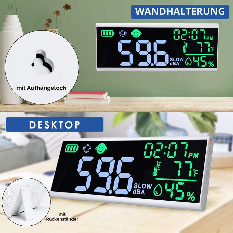 Decibel Meter 13 Inch Wall and Table Sound Level Meter Large LED Device for Displaying Decibels, Time, Temperature and Humidity with Buzzer & Symbol Alarm for Classroom and Studio
