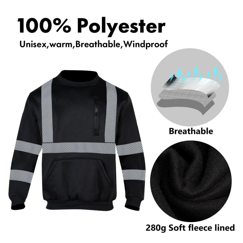 VENDACE Hi Vis Safety Sweatshirts for Men Reflective ANSI Class 3 High Visibility Construction Work Crew Sweatshirt No Hood Medium Black