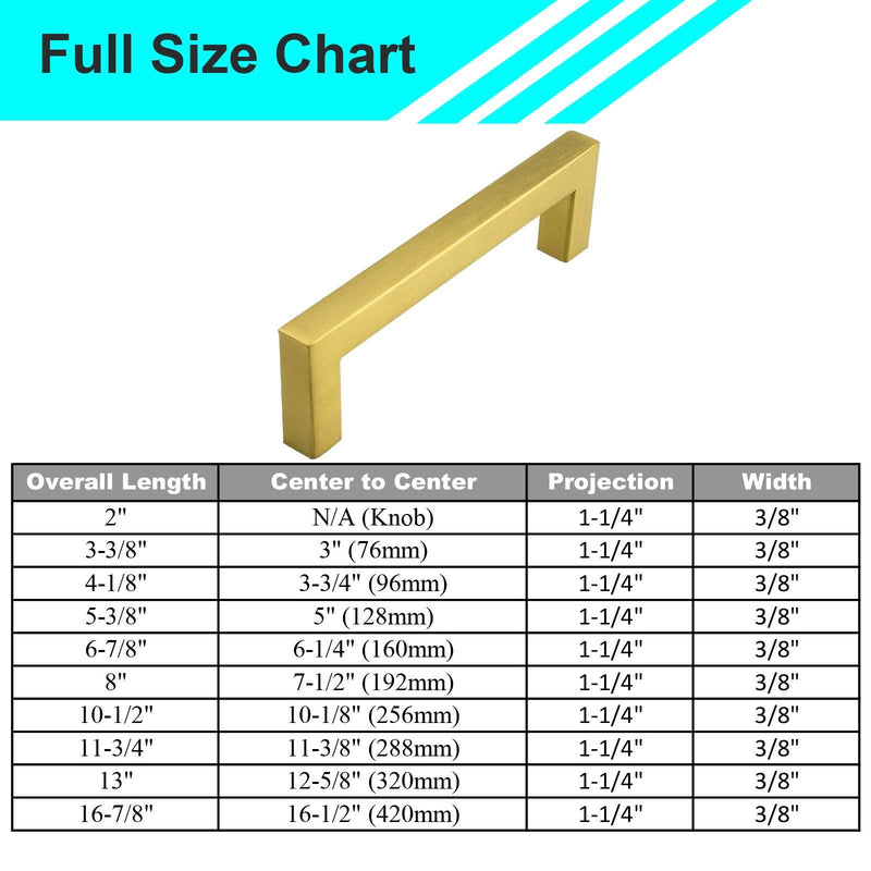 Modket Euro Square Cabinet Handle Pull 304 Stainless Steel — 3-3/8" Overall Length, 3" (76mm) Hole Centers, Brushed Satin Brass Gold— 10-Packs 3-3/8" Length (3" [76mm] Hole Center)