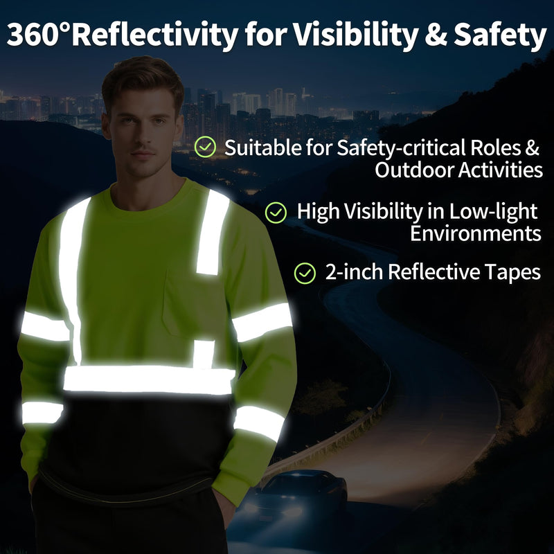 Hi Vis Safety Shirts for Men, High Visibility Long Sleeve Class 3 Reflective Construction Shirts 6X-Large Black Bottom Lime