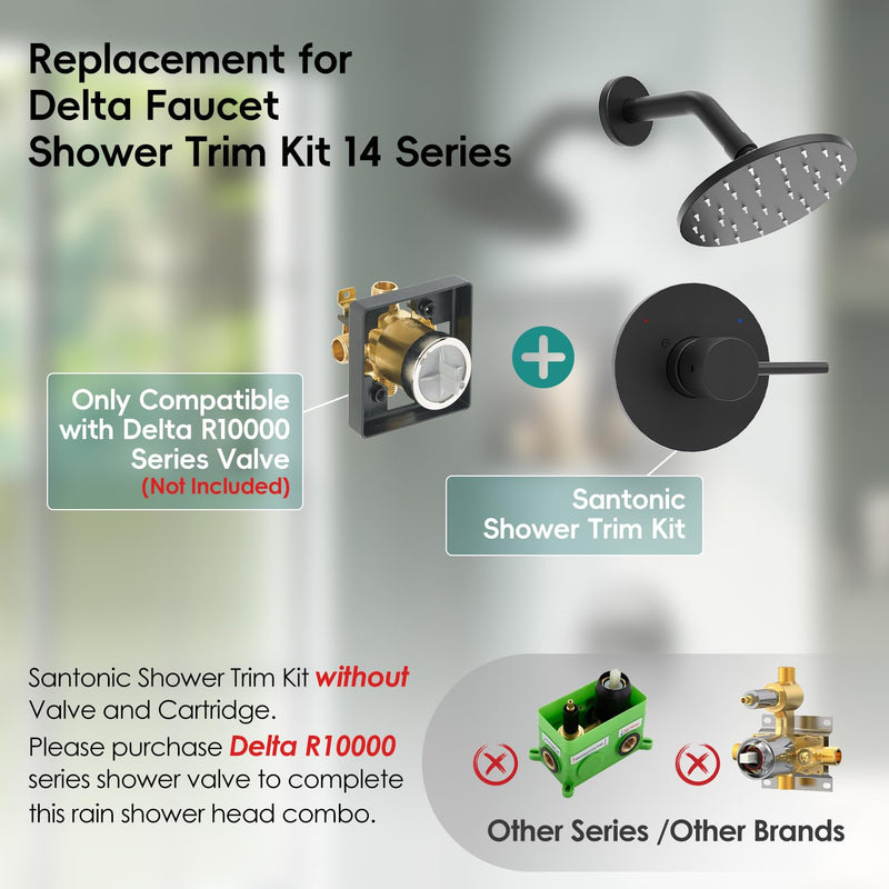 Replacement for Delta Shower Trim Kit 14 Series, Bathroom Matte Black Shower Faucet Set, 6-Inch Black Shower Head and Handle Set(Valve/Cartridge Not Included) Matte Black without Tub Spout