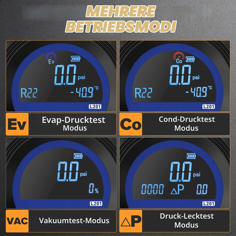 Digital Air Conditioning Pressure Gauge, Pressure Vacuum and Leaks | Refrigerant filling, compatible with 24 refrigerant types R32 R1234yf R134a, ±0.5% FS accuracy, digital vacuum gauge