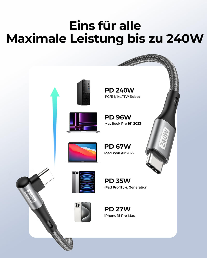 Silkland USB-C to USB-C Cable Short 15 cm Angle 240 W 48 V/5 A, PD3.1 & QC4.0+ | Charging cable 90 degrees 0.15M for iPhone 17 16 15/Pro Max, Galaxy S26 Ultra S25 S23 S22 S21, MacBook Pro/Air, iPad Pro/Mini, Pixel 0.15M