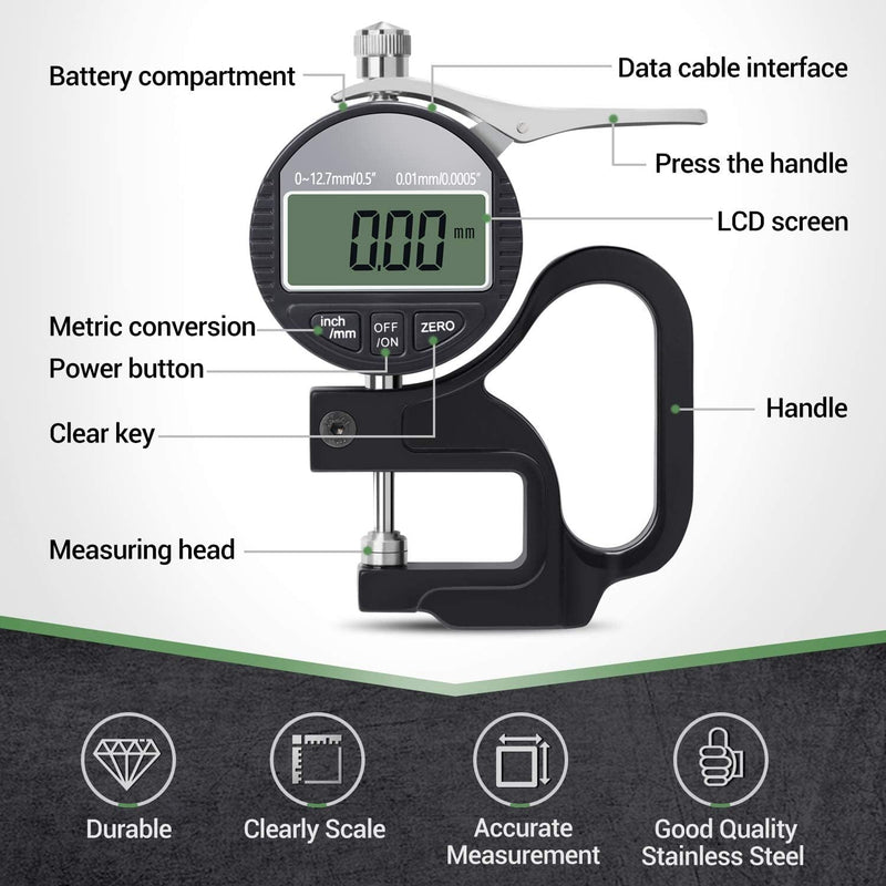 [Australia - AusPower] - Neoteck Digital Thickness Gauge 0.5 inch/12.7mm, 0.0005"/0.01mm, Thickness Meter Precise Electronic Micrometer with LCD Display 0.5"/0.0005" 