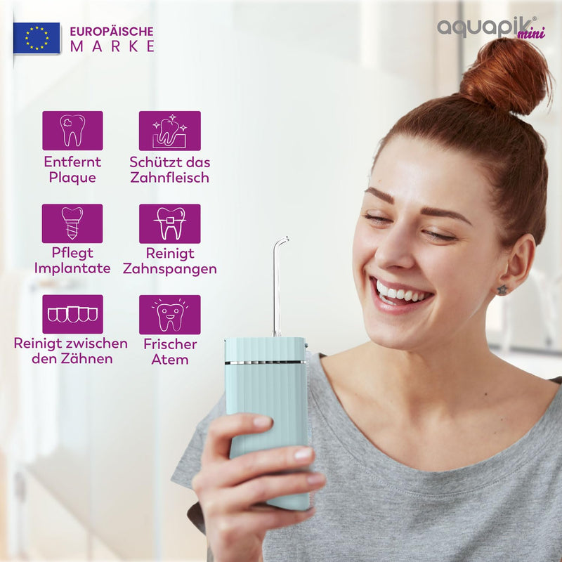 [Australia - AusPower] - Wireless Portable Oral Irrigator | Aquapik® Mini | Portable Water Flosser, IPX7 Waterproof, 1200 Pulses/min (40-140 PSI), 21 Days Battery (1100mAh), 4 Nozzles (Implants & Braces) (Blue) Blue tragbar 