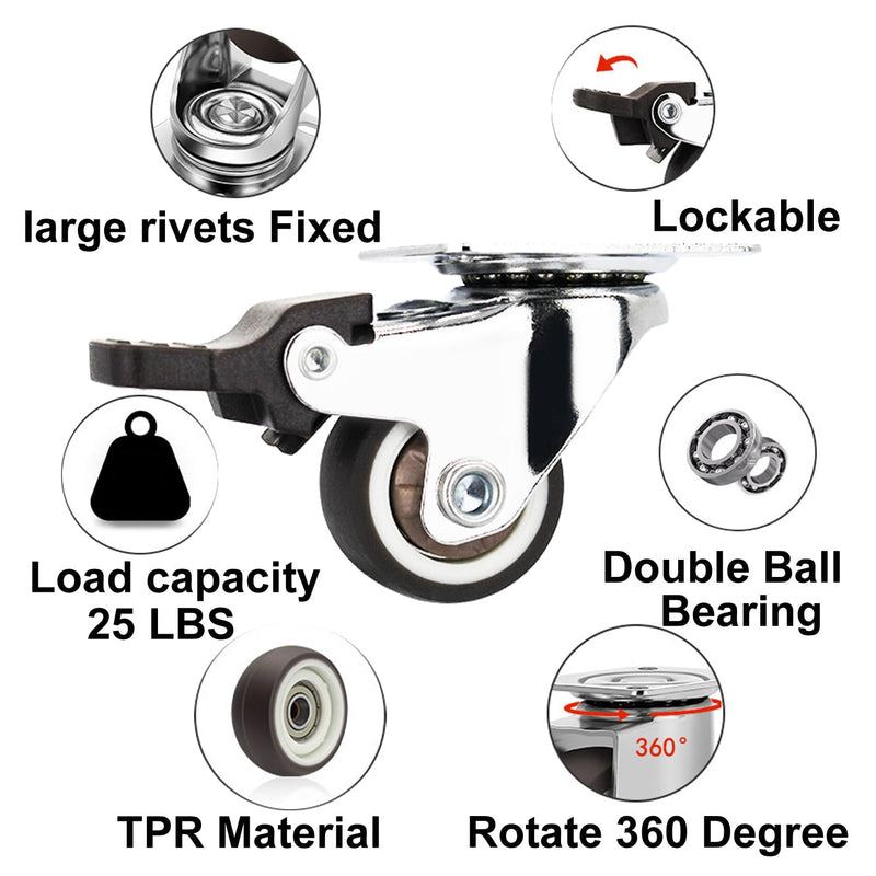 [Australia - AusPower] - 1" Low Profile Small Caster Wheels Set of 4 (2 Brakes+2 Non) 100 lbs Capacity,Quiet TPR Rubber Casters for Furniture, Cabinets&Laundry Carts, 360° Swivel, Scratch-Proof Floors 1" Top Plate 