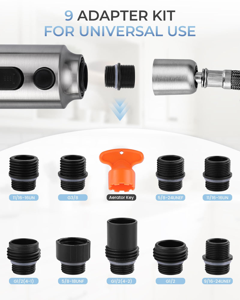[New Upgrade] iVIGA Pull Down Faucet Sprayer Head Replacement, Stainless Steel Brushed Nickel 3 Function Pull Out Spray Nozzle with 9 Adapters for Moen Kohler Delta G1/2 Male Connector Faucet