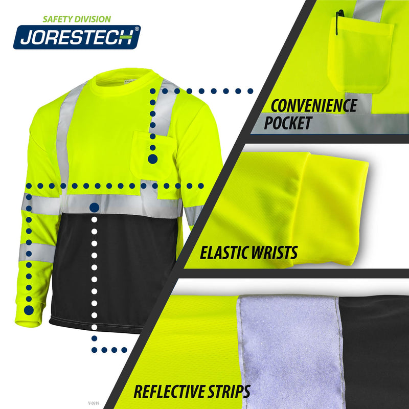 JORESTECH High-Visibility Long Sleeve Safety T-Shirt, ANSI/ISEA 107 Type R Class 3 Compliant, Black Bottom Design, Reflective Tape (TS-13) X-Large Lime/Dark Blue
