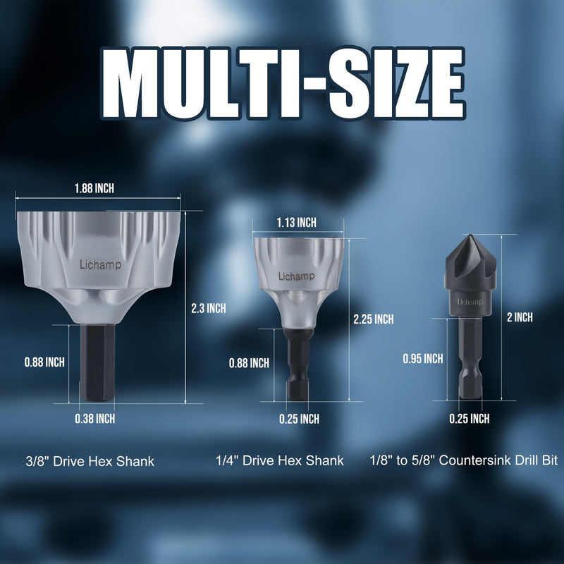 [Australia - AusPower] - Lichamp Tungsten Carbide Chamfer Tool 1/8" to 1-7/16" with Countersink Drill Bit 1/8" to 5/8", Tungsten Carbide Chamfer Bit Burr Remover for Damaged Metal Screws Bolts and Fasteners 