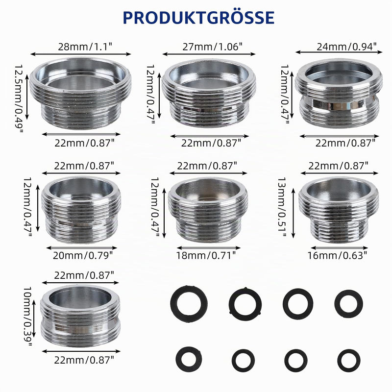 Pack of 7 Tap Adapters with Seals Double Thread Tap Reducer M16 18 20 22 24 26 28 to M22 for Kitchen Taps Water Saving Water Filter Hoses