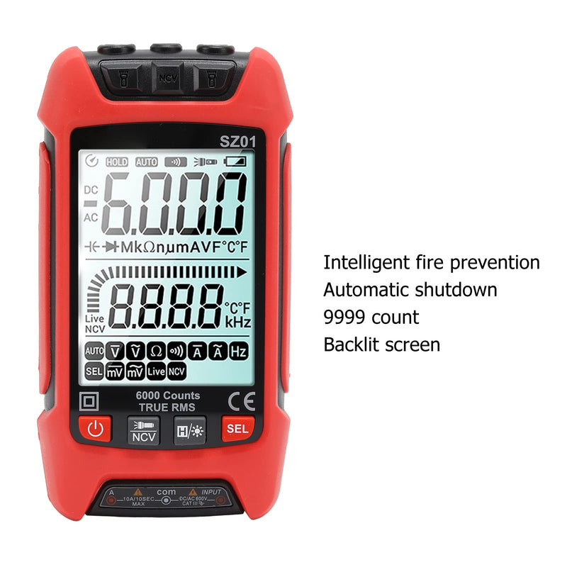 [Australia - AusPower] - Digital Multimeter with Backlit LCD, 6000 Counts Auto Ranging Voltage Tester, AC/DC Current/Resistance/Frequency Measurement, Ceramic Protection Red 