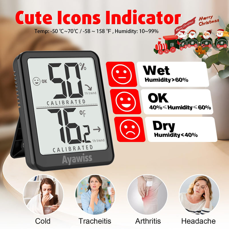 [Australia - AusPower] - 2-Pack Room Thermometer Indoor Hygrometer for Home, Temperature Humidity Meter, Humidity Gauge, Digital Room Temperature Monitor Sensor for Baby Nursery Car Plant - AAA Battery Included Black 2 - Pack 