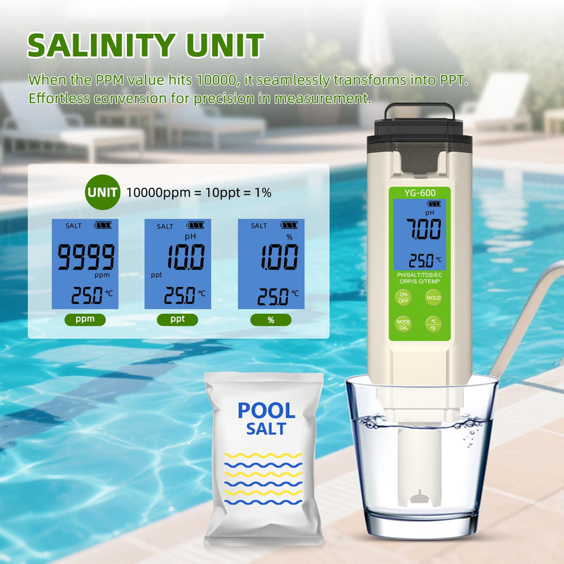 [Australia - AusPower] - 7 in 1 Pool Salt Tester, Digital Salinity & pH ORP Meter for Saltwater Pools, Hot Tubs, Spas, Aquariums, Sodium Chloride Water Quality Monitor 
