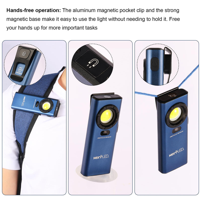 [Australia - AusPower] - NextLED NT-6685 Pro LED Rechargeable Work Light, 1200 Lumen HVAC Flashlight w/Obstacle Sensor, Magnetic Work Light w/Hanging Hook, IPX7 Waterproof, Aluminum Case, for Job Site, Car Repair, Emergency 
