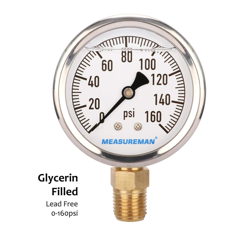 [Australia - AusPower] - MEASUREMAN Lead-Free Glycerin Filled Pressure Gauge, 0-160psi, RV Regulator Replacement Pressure Gauge, 2" x 1/4"NPT Lower, Stainless Steel Case, Brass Inside, 0-160 psi?RV? Lower Mount Single Scale 