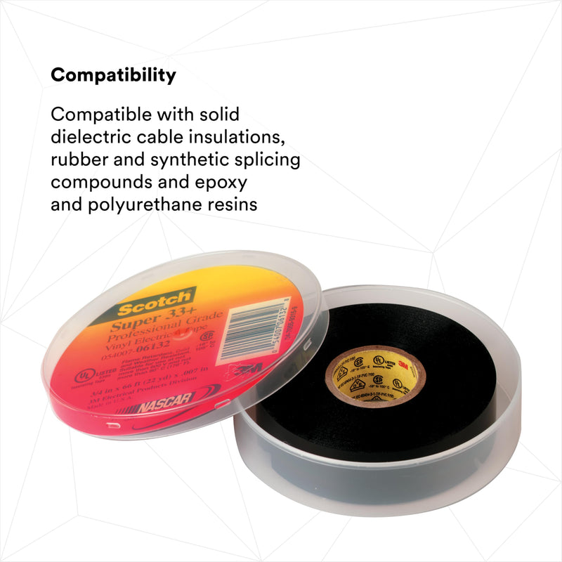 3M Scotch Super 33+ Electrical Tape - 3/4 in x 52 ft, Premium Grade All-Weather Vinyl, Resistant to Abrasion, Moisture, Corrosion, Alkalies - Black, 1 Roll 3/4" X 52'