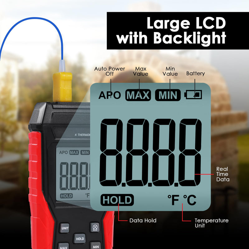 [Australia - AusPower] - Thermocouple Thermometer Digital K Type Thermometer, Single Channel Thermocouple Tester(-328~2501℉) with 1 Temperature Clamp and 1 Wired Thermocouple Probes LCD Display Temperature Tester for K Type 