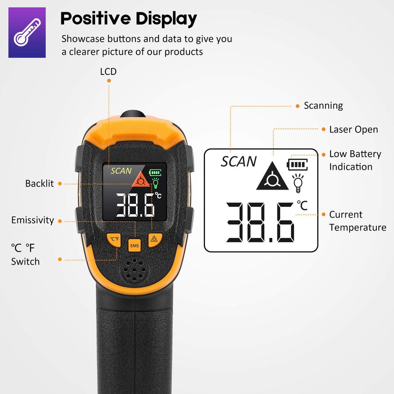 [Australia - AusPower] - Infrared Thermometer -58℉～1112℉(-50℃～600℃) Non-Contact Laser Temperature Gun Digital Adjustable Emissivity IR Temp Gun - for Cooking, BBQ, Food, Fridge, Pizza Oven, Engine - Meat Thermometer Included 